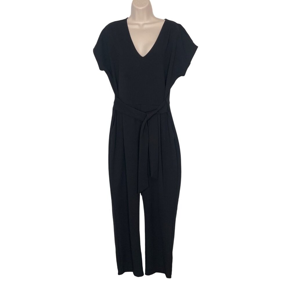 Express Womens Pitch Black V-Neck Jumpsuit Tie Waist SS Elegant $98 NEW Classic